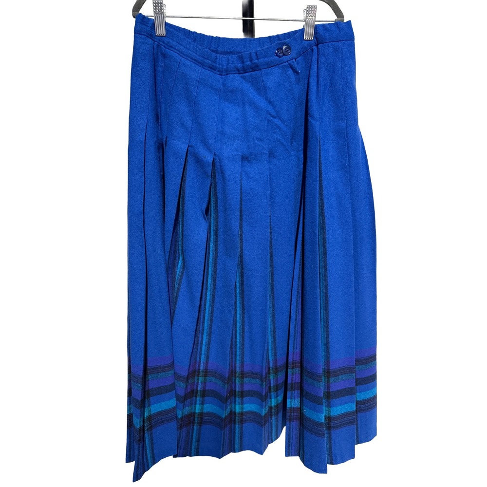Vintage Pendleton Blue Tartan Plaid Pleated Virgin Wool Skirt 14 Preppy Classic
